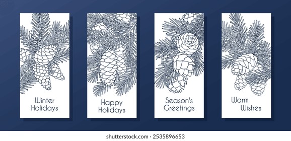 Collection of vertical compositions with coniferous branches and cones. Templates for seasonal greeting card, banner, invitation, poster, flier. Linear graphic style. Vector illustration.