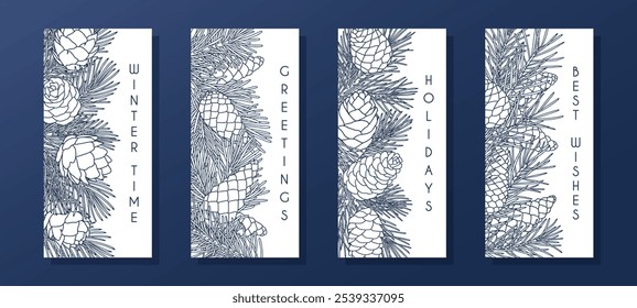 Colección de composiciones de Vertical con ramas de coníferas y conos. Plantillas para la tarjeta de felicitación de temporada, Anuncio, invitación, cartel, volante. Estilo gráfico lineal. Ilustración vectorial.