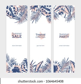Collection of vertical flyer or banner templates with exotic palm tree leaves or foliage of tropical plants drawn with contour lines against stains on white background. Vector illustration.