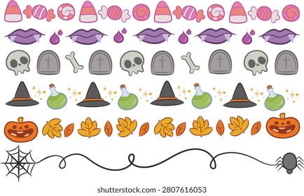 A collection of vertical Halloween border designs featuring candy corn, cauldrons, spooky trees, pumpkins, spiderwebs, gravestones, and floating ghosts.