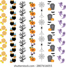 A collection of vertical Halloween border designs featuring candy corn, cauldrons, spooky trees, pumpkins, spiderwebs, gravestones, and floating ghosts.