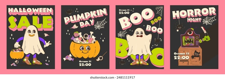 Collection of vertical Halloween posters. Trendy retro groovy style and funny characters in 70s-80s. Funky ghost characters. Funny vector posters set for postcards, flyers Halloween party invitation.
