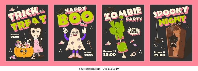 Collection of vertical Halloween posters. Trendy retro groovy style and funny characters in 70s-80s. Funky ghost characters. Funny vector posters set for postcards, flyers Halloween party invitation.