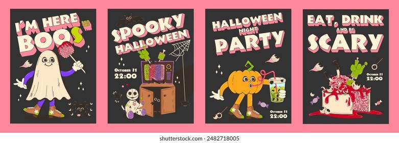 Collection of vertical Halloween posters. Trendy retro groovy style and funny characters in 70s-80s. Funky ghost characters. Funny vector posters set for postcards, flyers Halloween party invitation.