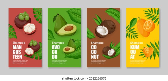 Collection of vertical internet promo stories organic shampoo vector flat illustration. Set advertising poster hair care cosmetic product with natural fruit ingredient. Advertisement template design