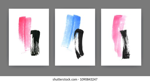 Collection of vertical minimalistic poster or placard templates with blue, black and pink paint traces, daub, scribble or brush strokes on white background. Modern artistic vector illustration