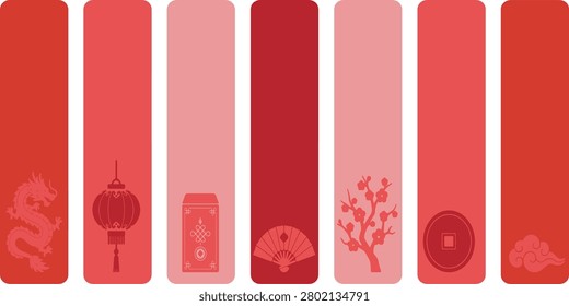 A collection of vertical red banners featuring traditional Chinese New Year symbols like a dragon, lantern, red envelope, fan, plum blossom, and coin.