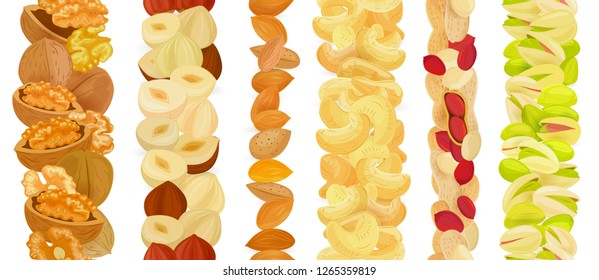 collection of vertical seamless borders with almonds, walnuts, cashews, hazelnuts, peanuts, pistachio for your design
