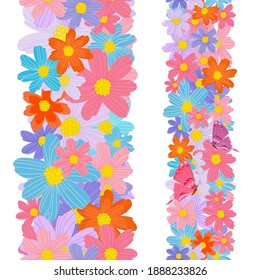 collection of vertical seamless borders with colorful daisies and butterflies for your design