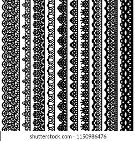 Collection of vertical seamless borders for design. Black lace silhouette isolated on white background. Suitable for laser cutting. Vector illustration.
