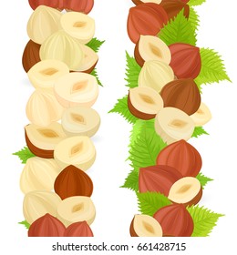 collection of vertical seamless borders with hazelnuts on white background 