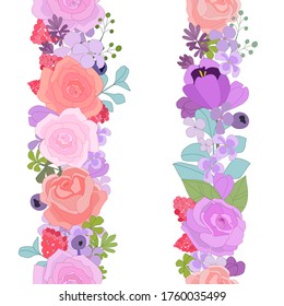 collection of vertical seamless borders with lilac roses, summer forest berries and cute floral twigs. fashion style of blossom for your design