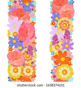 collection of vertical seamless borders with stylized meadow flowers and butterflies. lovely poppies, daisies different colors for your design