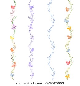 collection vertical seamless borders with watercolor herbal twigs of grass and butterflies 