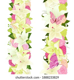 collection of vertical seamless borders with white lilies and pink roses for your design