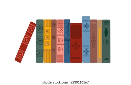 Collection of vertical standing books in colored vintage covers. Pile of different literature. Time to reading concept. Hand drawn vector illustration isolated on white background. Flat style.