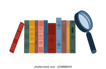 Collection of vertical standing books in colored vintage covers and magnifying glass. Books searching concept. Hand drawn vector illustration isolated on white background. Flat style.