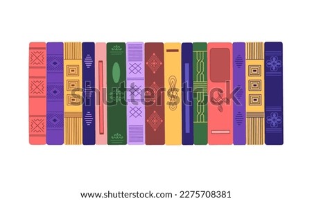 Collection of vertical standing books in colored vintage covers. Pile of different literature. Time to reading concept. Hand drawn vector illustration isolated on white background. Modern flat style.