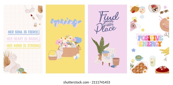 Collection of Vertical stories for social media with Spring elements, picnic, flowers, woman things. Spring promotion marketing materials. Editable vector Illustration.