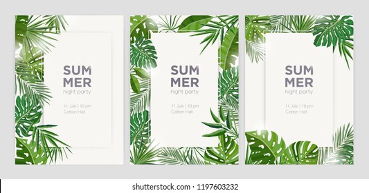 Collection of vertical summer backgrounds with frames or borders made of green tropical palm leaves or jungle exotic foliage and place for text. Seasonal colorful realistic vector illustration.