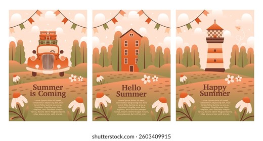 Collection of vertical summer posters with rural landscape, lighthouse, cottage, vintage car with suitcases, flowers, bunting flags. Vector banner templates to summer party, festival. Hello Summer.