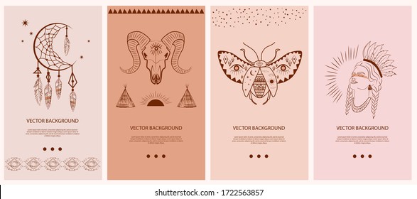 Collection vertical template for networking and social media. Boho and Tribal elements, woman face portrait, dreamcatcher, birds, buffalo skull, esoteric elements, insect, plants. Vector Illustration.