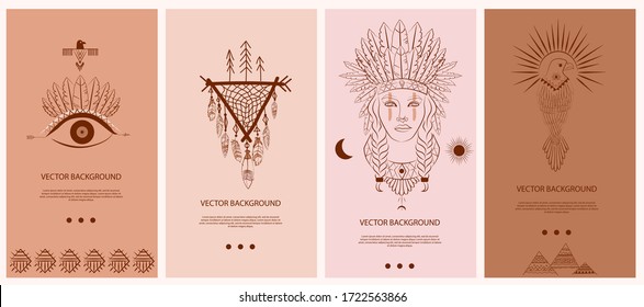 Collection vertical template for networking and social media. Boho and Tribal elements, woman face portrait, dreamcatcher, birds, buffalo skull, esoteric elements, insect, plants. Vector Illustration.