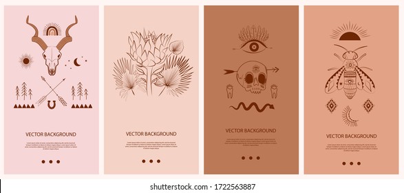 Collection vertical template for networking and social media. Boho and Tribal elements bull skull, esoteric elements, insect, plants. Vector Illustration.