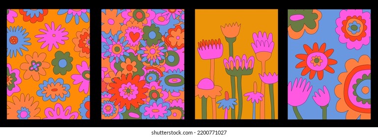 collection of vertical vector posters.Interior posters warm autumn,fallen leaves,flowers.Cozy October palette-yellow,ocher,turmeric.Cozy wallpaper.Vintage cottage core 1970 psychedelic postcard 