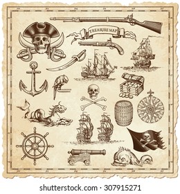A collection of very high detail ornaments designed to illustrate vintage or "treasure" maps