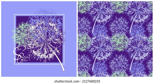 The collection of very peri print and seamless pattern. Allium flowers. Hand drawn style print. Vector illustration.