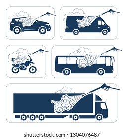 Collection of very useful icons for car wash. Illustration presenting washing of cars, trucks, bus and motorcycle.