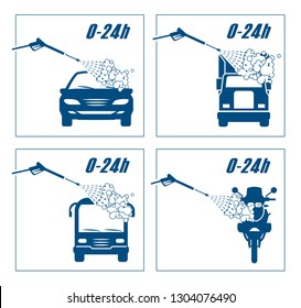 Collection of very useful icons for car wash. Illustration presenting washing of cars, trucks, bus and motorcycle.