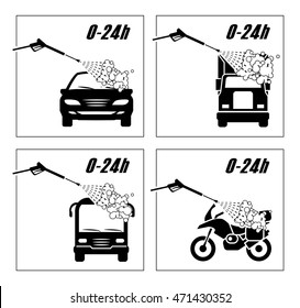 Collection of very useful icons for car wash.  
Illustration presenting washing of cars, trucks, bus and motorcycle    

