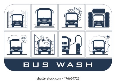 Collection of very useful icons presenting equipment used for bus wash.          