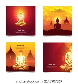 Collection of Vesak day background with lord buddha and temple.