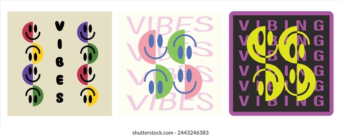 Colección de Vibes eslogan con cara de sonrisa. Conjunto de ilustración vectorial de sonrisa de tendencia para la impresión.