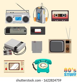 Collection of vibrant 1980s electronics icons in a flat vector style. Features a silver boombox, portable cassette player with headphones, VHS tape, classic gaming console, retro television, and a teal rotary phone.