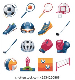 A collection of vibrant 2D vector icons representing various sport activities.