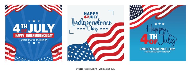 A collection of vibrant 4th of July themed designs. Celebrate American Independence Day with patriotic elements like flags, stars, and bold text. Independence Day USA concept.