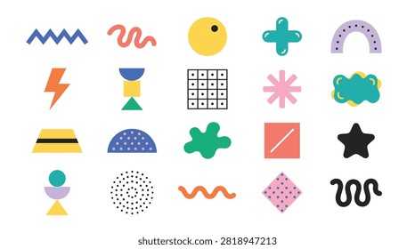 Collection of vibrant, abstract geometric shapes and contemporary decorative elements, perfect for modern design projects. These creative vector assets feature bold colors and unique forms, isolated on a clean white background, ideal for logos, patterns, or graphic compositions.