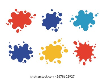 Collection of vibrant, abstract paint splashes and colorful liquid blobs in red, blue, and yellow, perfect for creative design backgrounds or graphic elements.