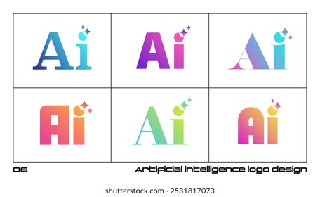 Collection of vibrant "AI" logos designed for artificial intelligence-related projects. Trendy logos in modern gradient colors with stars. Can be use for technology, startup and digital innovation