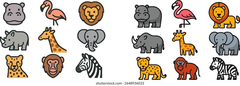 A collection of vibrant animal icons showcasing diverse species such as hippos, lions, giraffes, and zebras. This playful design highlights wildlife in distinct styles and colors.