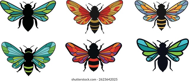 A collection of vibrant and artistic bee illustrations. These colorful and detailed designs capture the beauty of bees in various styles