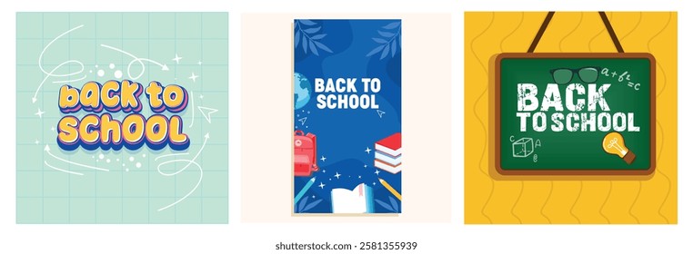 Collection of vibrant back to school banner designs. Featuring cute graphics and educational objects for students and educators. Back to School concept. Set flat vector illustration.