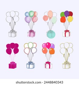 A collection of vibrant balloons, varying in size and color, soaring high in the sky. The balloons are buoyant, gracefully drifting upwards