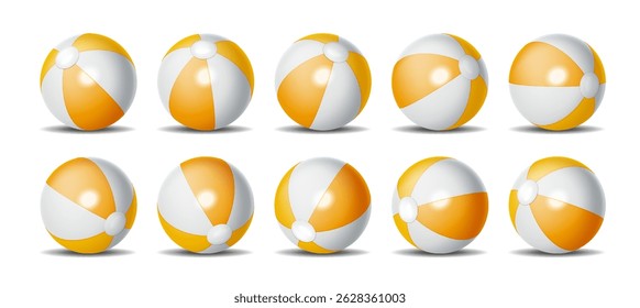 Collection of vibrant beach balls with yellow and white segments arranged neatly on seamless white background perfect for summer themes and recreational concepts