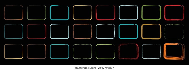 Colección de Formas cuadradas vibrantes y negras con contornos de pincel áspero, perfecto para texturas creativas, fondos digitales y uso de diseño artístico.

