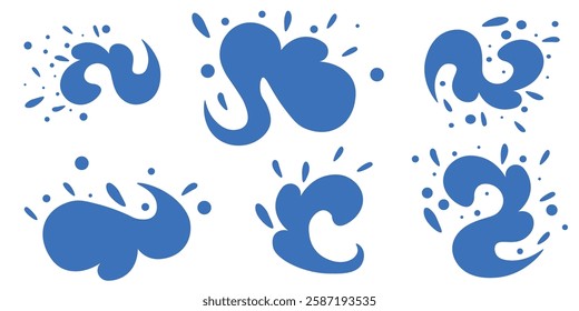 Collection of Vibrant Blue Abstract Water Splash Shapes on a White Background. Colorful and dynamic collection of abstract water splash illustrations in vivid blue shades. Suitable for creative design